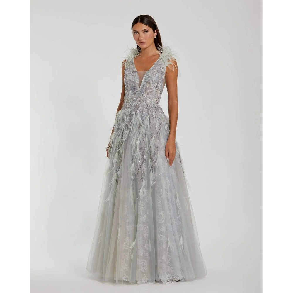 NWT Mac Duggal Embellished Feathered‎ Sleeveless A Line Gown $898 - Size 18